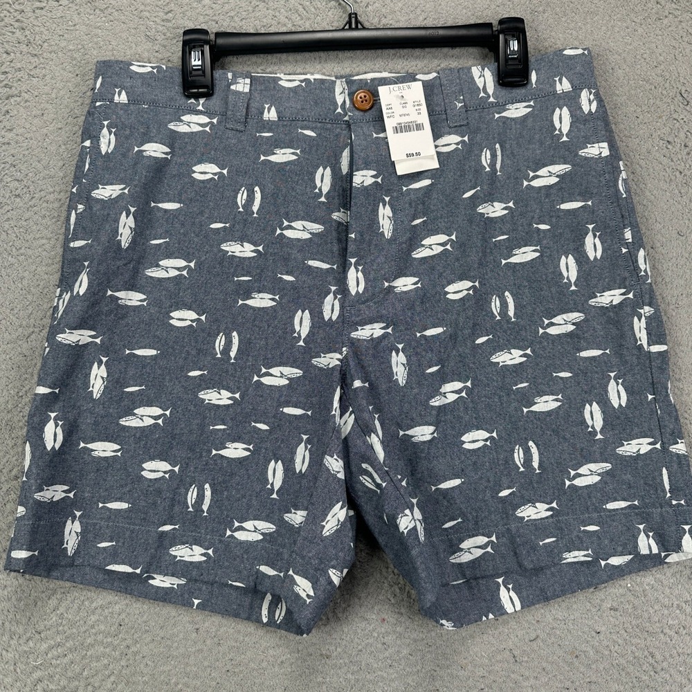 J Crew Reade‎ Mens Khakis Shorts 33 Navy White Fish Print Flat Front Pockets NEW